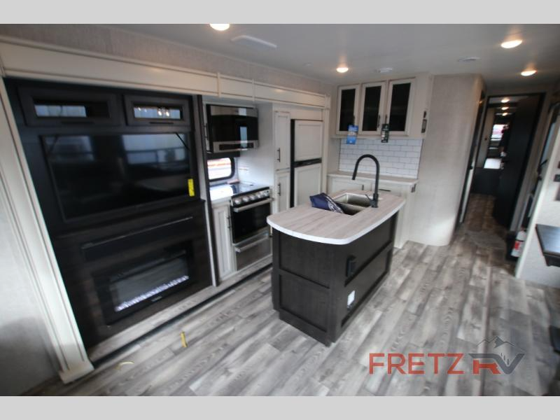 Kitchen and entertainment center in the Jayco Eagle HT travel trailer